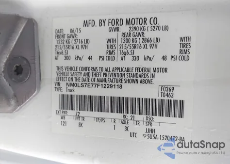 2015 Ford Transit Connect Xl z USA, uszkodzony, nr VIN NM0LS7E77F1229118